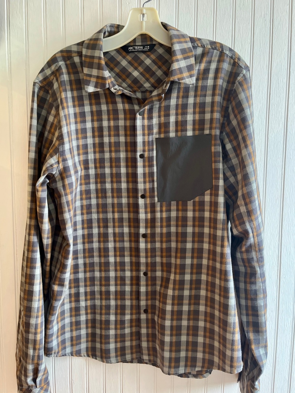 Arc'teryx Brown and Gray Plaid Button-Down Shirt with Dark Chest Pocket